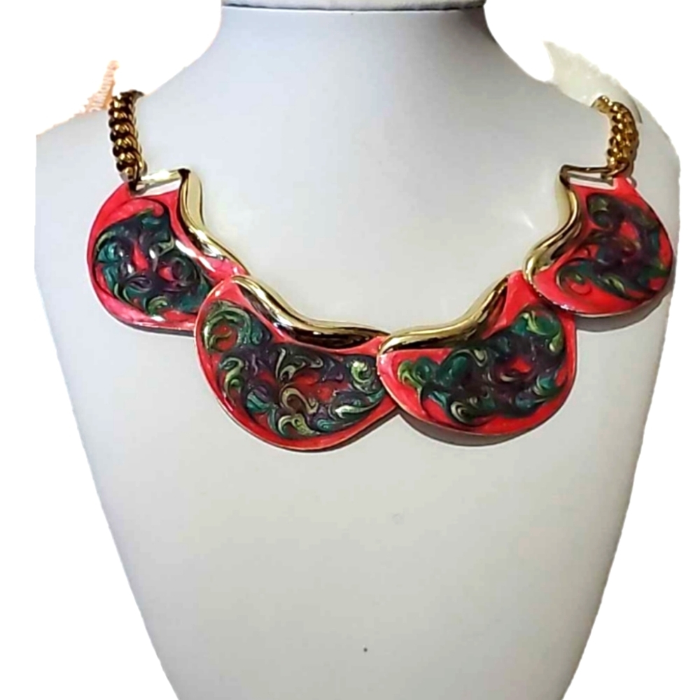 ABSTRACT Colorful Big Chunky Party Necklace Pink Purple Green on Gold Tone 21"